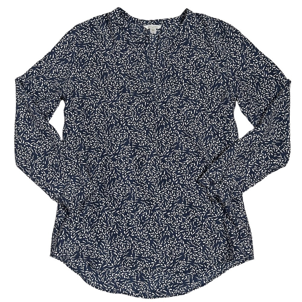 Garnet Hill Blue & White Pattern Silk Long Sleeve Blouse Medium